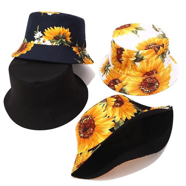 

1pcs printed sunflower bucket hat caps fisherman panama cotton layer fabric sun hats casual fashion caps panama flat hats, Blue;gray