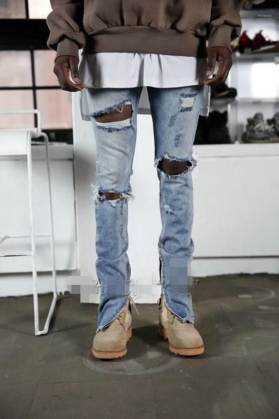 

men's new style dilapidated slim leg zipper jeans european american high street hip hop personalized beggar pants1, Blue