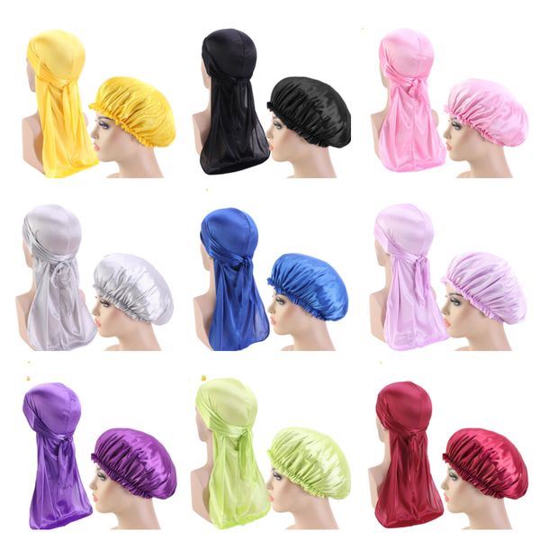 

fashion solid color bonnet satin night sleep shower cap hair cap head cover wrap beanies skull cap pirate hat faux silk 2-piece set e122806, Yellow