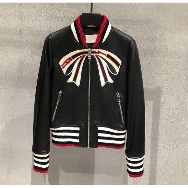 

wholesale outdoor windproof patchwork embroidery coat women's lambskin leather bomber biker jacket luxury leather jackets women 201029, Black