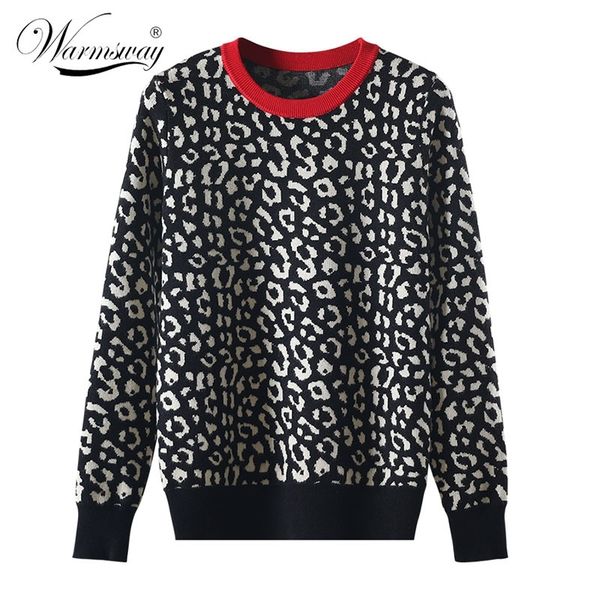 

autumn winter women sweaters leopard knitted pullovers long sleeve contrast color crewneck jumpers sweter mujer c-429 y200116, White;black
