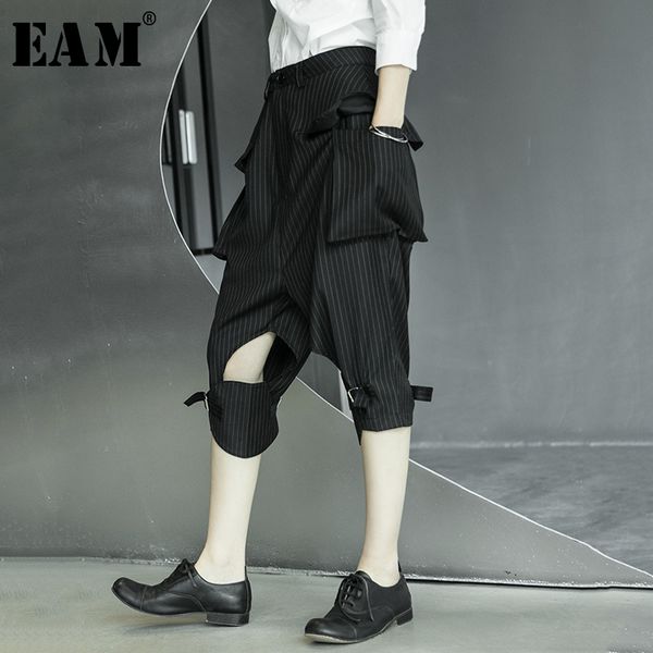 

[eam] high waist black striped big pocket hollow out harem trousers new loose fit pants women fashion spring summer 2020 lj201201, Black;white