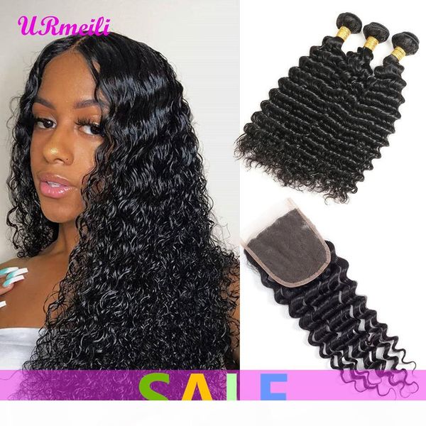 

deep wave human пучки волос с закрытием бразильских волос плетение связки с закрытие remy человеческих волос 3 4 связки сделки с закрытия, Black;brown