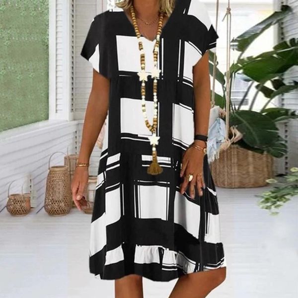 

large size womens dresses digital print short sleeve v neck dresses boho clothes sundress women summer loose dress plus size, Black;gray