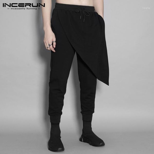

incerun fashion men harem pants solid color drawstring chic joggers fitness streetwear 2020 irregular trousers casual pantalon1, Black