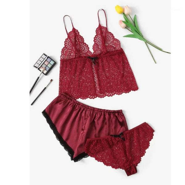 

floral lace cami lingerie set burgundy women bra and brief sets wireless underwear bra set1, Red;black