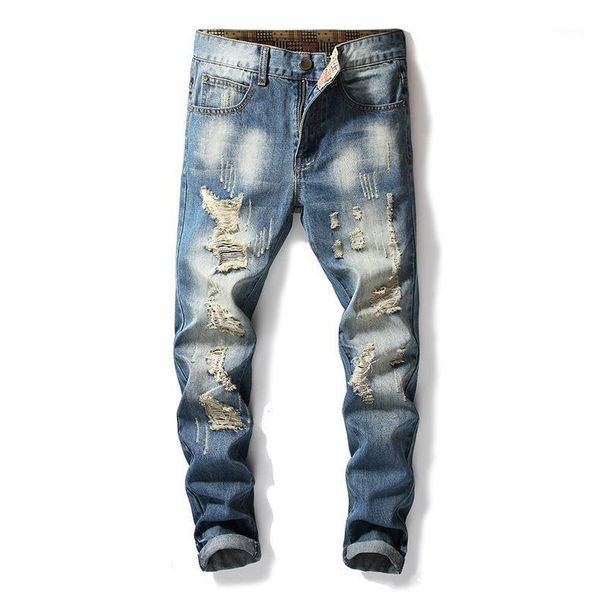 

2020 men's ripped jeans youth straight slim retro denim trousers1, Blue