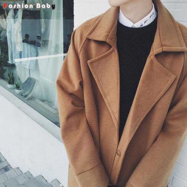 

loose men's dropped shoulder long woolen blended trench coat brown black color fashion autumn winter outwear coats 20201, Tan;black
