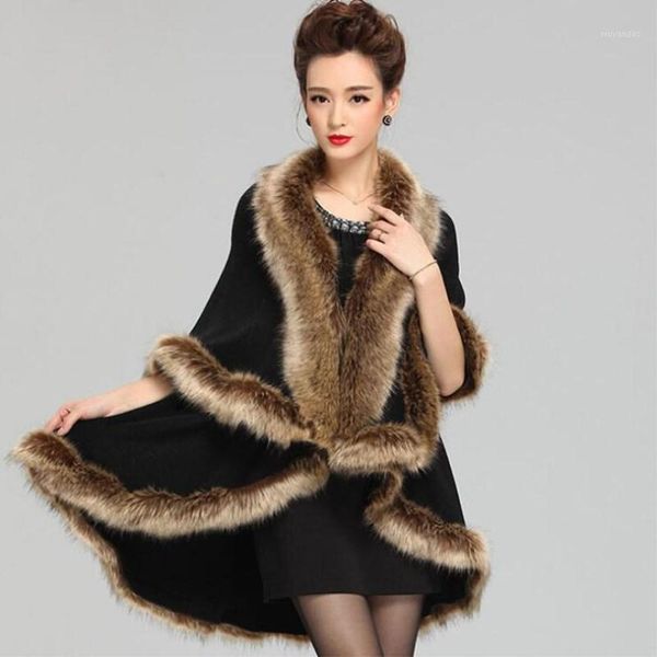

fashion shawl cloak 2020 winter new imitation fur collar knit shawl coat medium style ladies sweater cardigan cloak1, Black