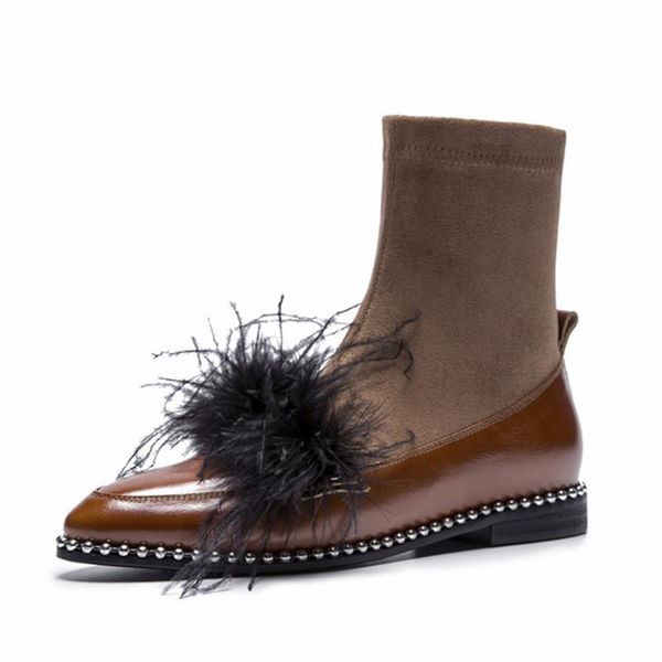 

boots 2021 fashion feather decor women ankle luxury pointed toe flat sock female gladiator elastic boot, Black