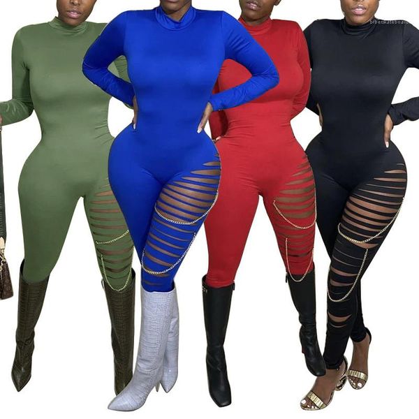 

soild color skinny jumpsuits designer high neck womens long sleeve 21fw womens hole romper fashion, Black;white