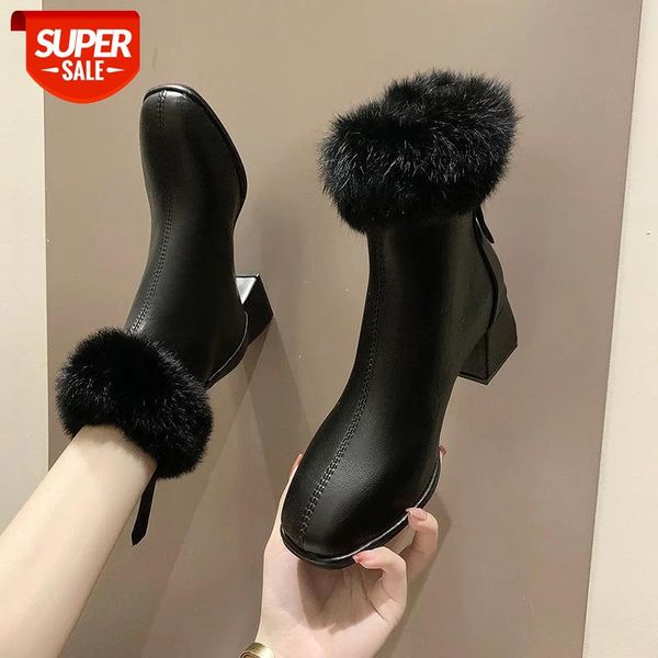 

lucyever soft faux fur pu leather ankle boots for women fashion square toe thick heels shoes woman waterproof short boots ladies #ha4g, Black