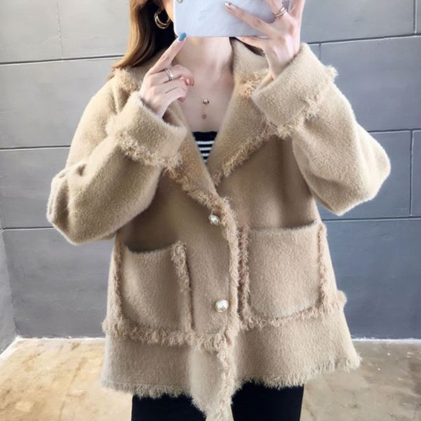 

2021 new mode imitating woman's wool coat mink autumn single breasted mesh outwear cardigan female k952 7dn3, Black