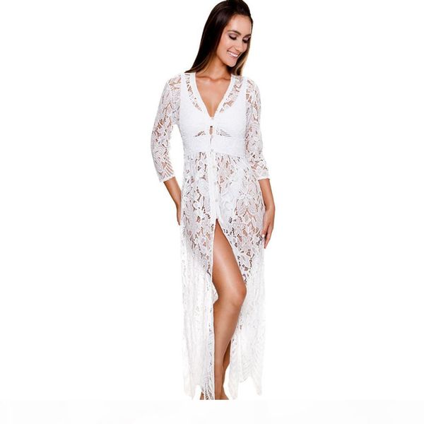

tunics for beach long lace beach dress swimwear women swim cover up long cardigan kimono hollow out blouse kaftan beach cover up beachwear, White;black