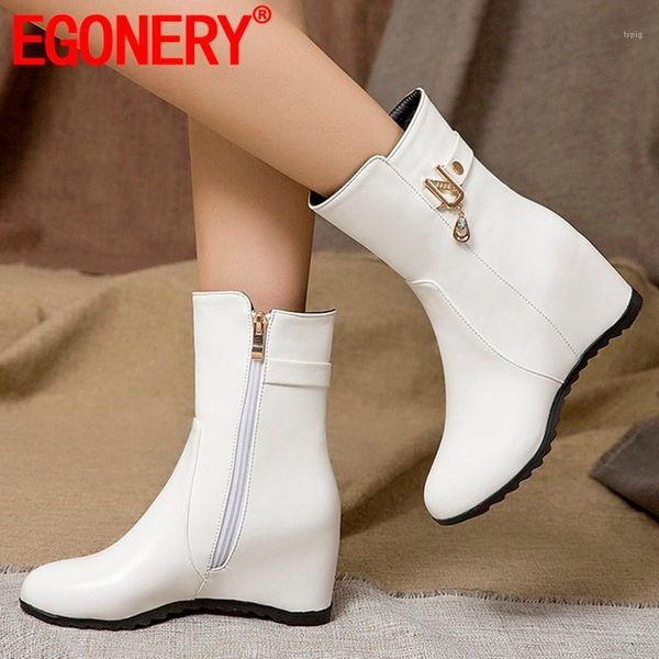 

boots egonery 2021 winter concise ankle outside round toe mid heels zip metal decoration women shoes drop 1, Black