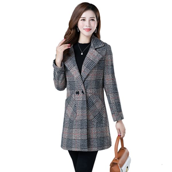 

2019 spring autumn lattice women large size woolen coat jacket middle-aged female fashion mid-long slim fit outerwear 5xl, Black