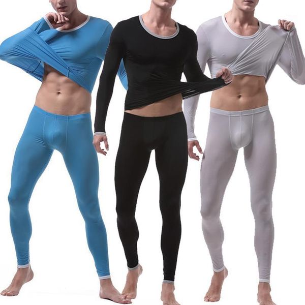

2pcs/set men ice silk long johns men thermal compression set underwear transparent bottom underwear thin stretchy legging1, Black;white