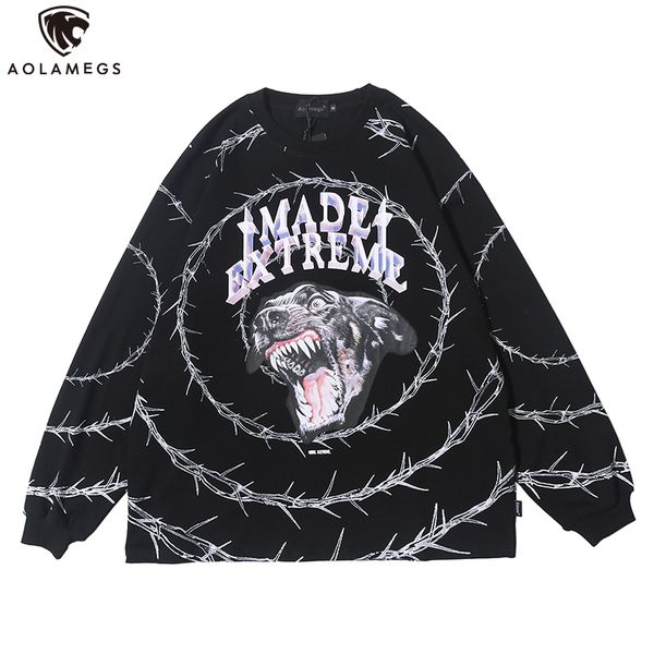 

aolamegs sweatshirt vicious dog printed men pullover casual cozy o-neck high street style hoodies streetwear couple autumn c0929 c1011, Black