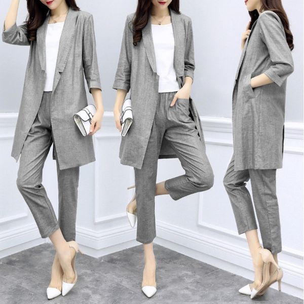 

t0mim 2020 new women's dress summer autumn cotton hemp suit suit piece capris casual ip02x two lady coat cotton and linen coat fashion, Gray
