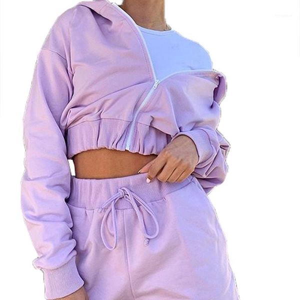 

female casual two peices sweatsuits matching sets women autumn solid color outfits zipper hooded high waist shorts suit1, Gray