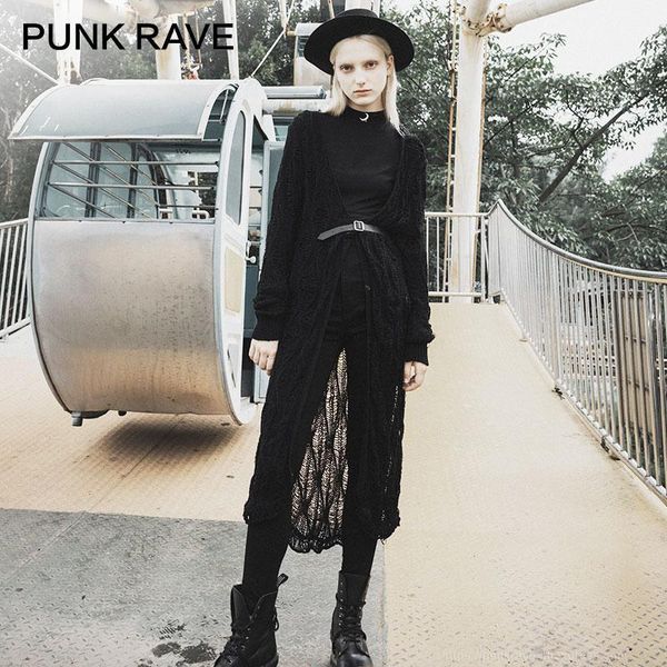 

punk rave girl's gothic cardigan thin hollow-out long knit jacket women black long sweater streetwear1, Black;brown