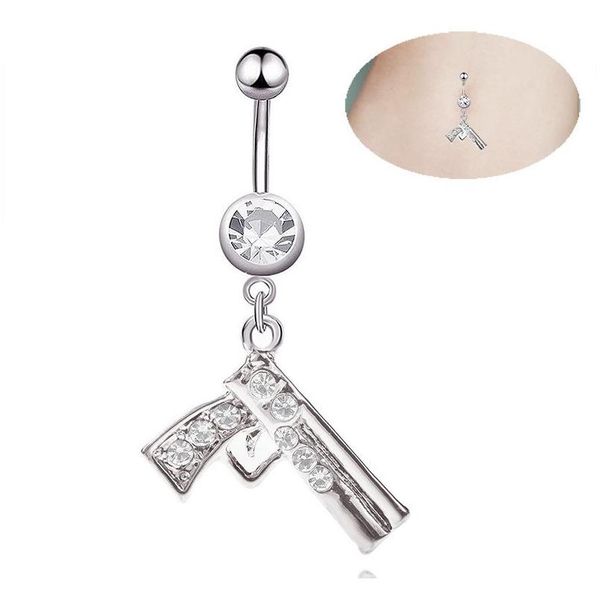 

gun shape wasit belly dance crystal body jewelry stainless steel rhinestone navel & bell button piercing dangle rings for women mvh8o, Silver
