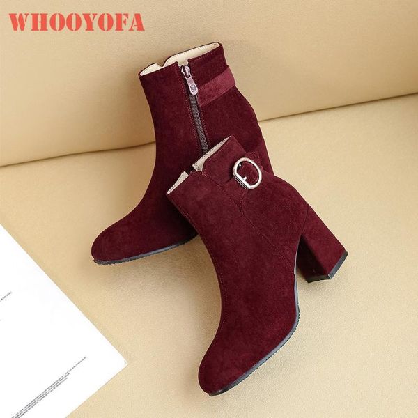 

boots 2021 winter sweet black wine red women ankle dress flock round toe high heels lady shoes big small size 10 30 43 46