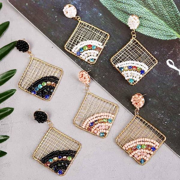 

boho women's winding metal wire square geometric earrings female fashion acrylic crystal rhinestone beaded drop earring jewelry1, Silver