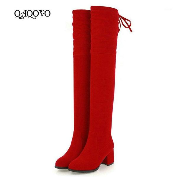 

boots winter warm women thigh flock leather squae high heel over the knee slip on ladies shoes black red big size 431