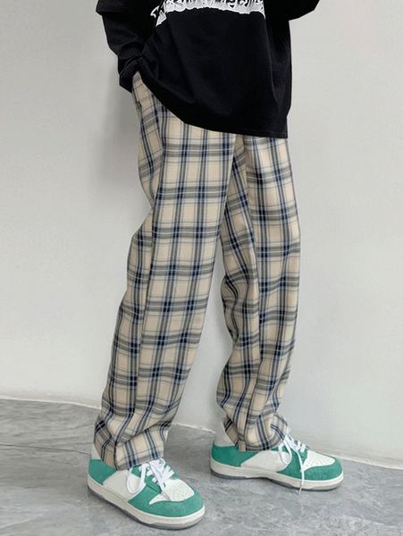 

men drawstring waist plaid pants n8do#, Black