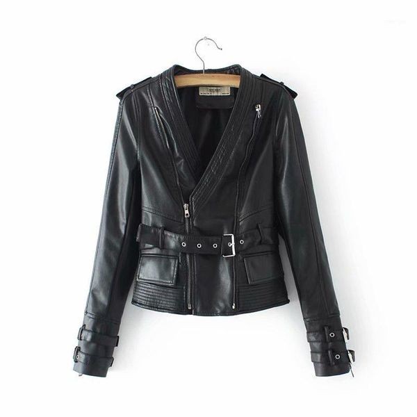 

2020 spring new women slim short v-neck sashes women jacket jacket coat faux leather motorcycle pu leather epaulet zippers1, Black