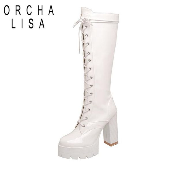 

orchalisa winter stiletto heels boots prom shoes knee-high boots round toe 11cm square heels patent leather lace-up party c2077, Black
