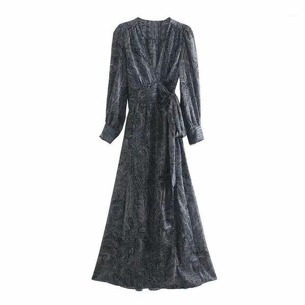 

women vintage paisley printing chiffon dress femme v-neck bow long sleeve dresses casual lady loose clothes vestido d65021, Black;gray