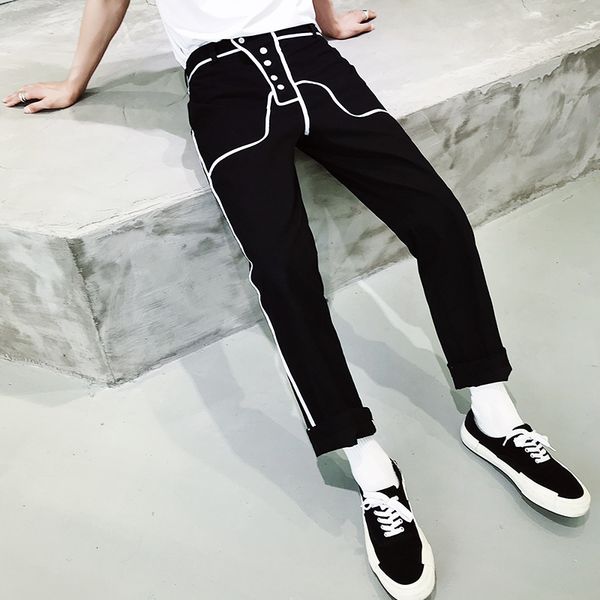 

2021 new popular street style dark white line jeans personality trend straight pants easy to fall down. 37i8, Blue