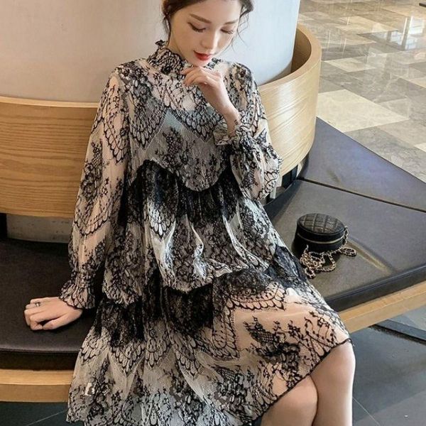 

2021 new summer women large size -4xl loose casual dress female vintage lace korea style elegant midi dresses vestido j17, White;black