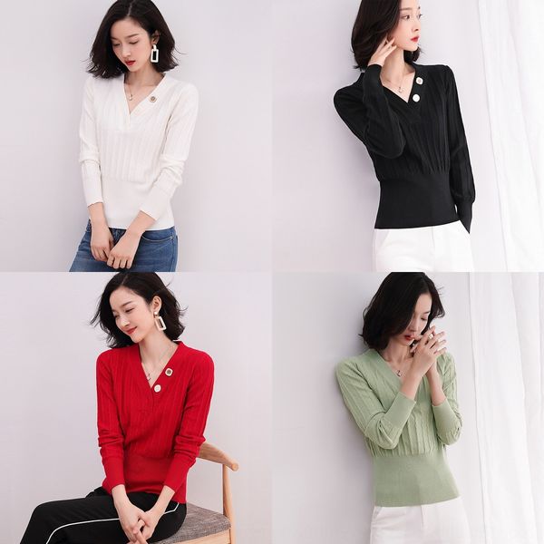 

sweater women's v-neck button pullover fall winter 2020 new pit button slim bottomed pullover sweater r2piw, White;black