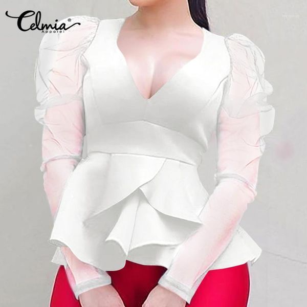 

s-5xl celmia women puff sleeve transparent mesh blouse summer v-neck stylish ruffles solid blouse casual party blusas femme1, White