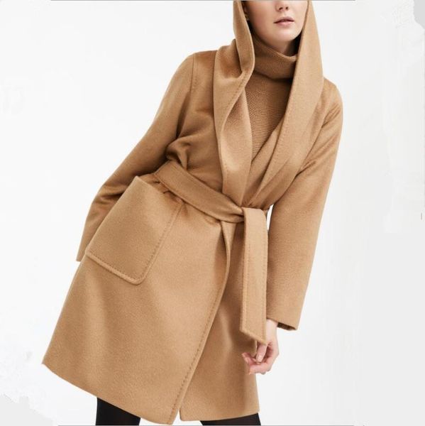 

2019 women autumn winter hooded woolen coat elegant lacing slim long outerwear fashion solid color female warm coat r17141, Black