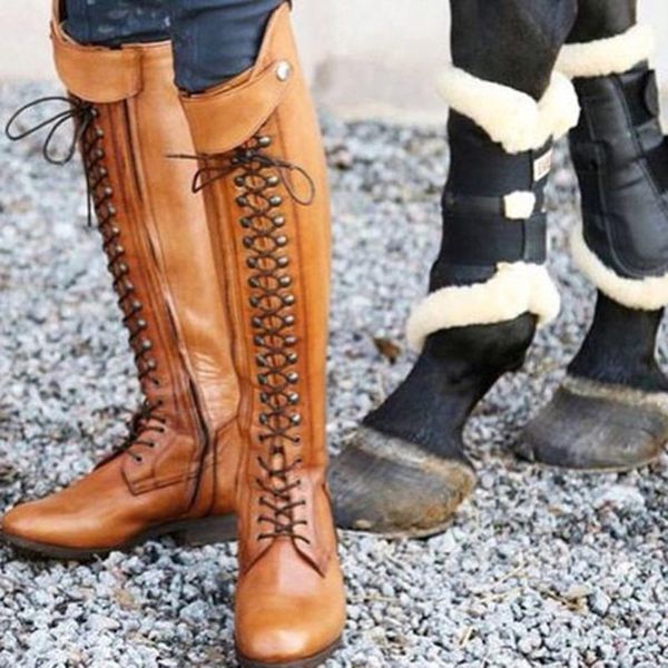 

boots womens ladies western platform cowboy lace-up round toe over the knee high knight retro rome female shoes, Black