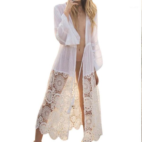 

women's swimwear 2021 summer women tunic beach cover up dress swim suit long sleeve lace floral cotton maxi dresses for swimsuit1, White;black