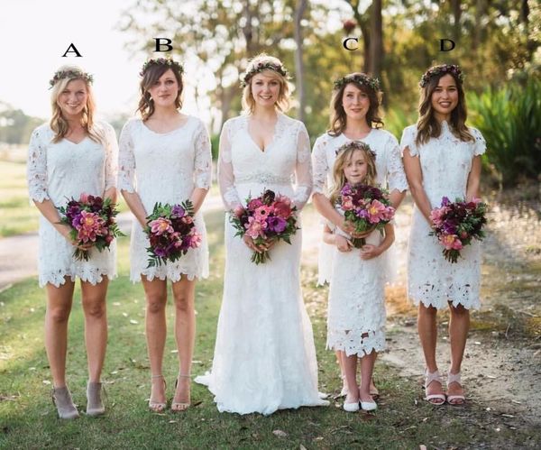 Elegantes Brautjungfernkleid im Landhausstil mit V-Ausschnitt, weiß, voller Spitze, lange Ärmel, knielang, Hochzeits-Party-Kleider, Trauzeugin-Kleider