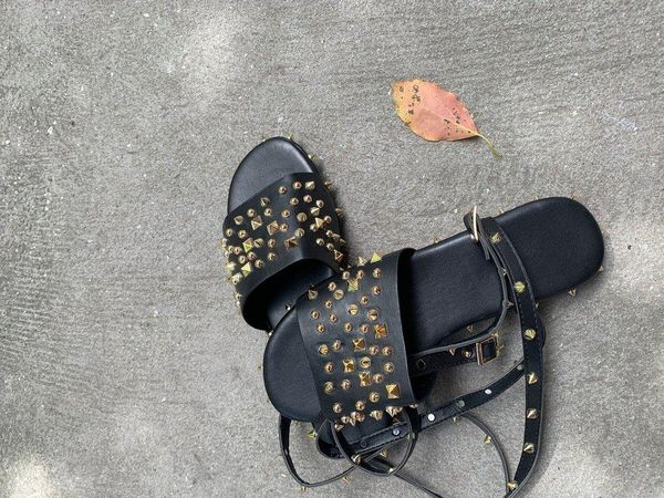 

women rivet sandals ankle strap buckle ladies transparent bling slippers flats summer women shoes cool girl plus size 35-43, Black