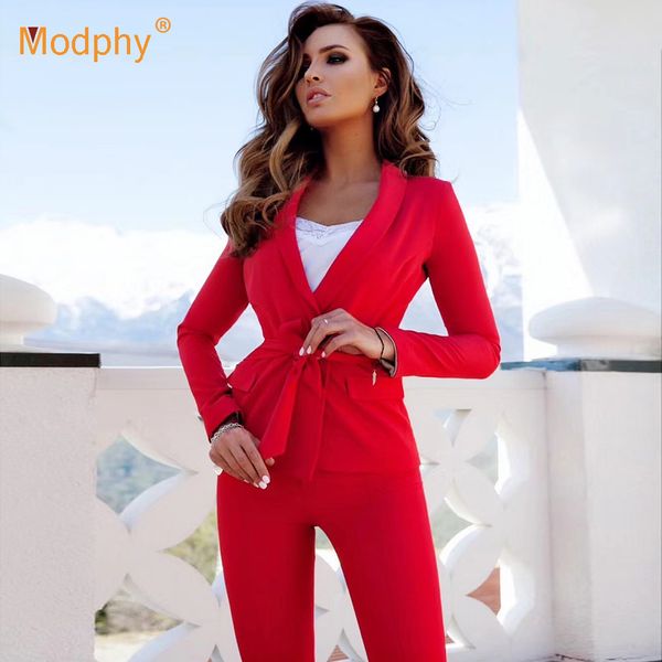 Новая мода красной белых женщин сексуальный комплекта с длинными рукавами куртки брюки 2 шт двухсекционного случайного участник офис костюм брюки набор 201007