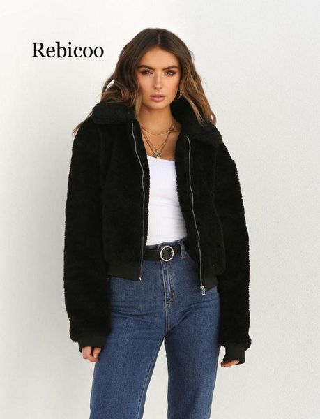 

women's jackets 2021 winter women warm teddy bear long sleeve fleece crop zip up punk oversize outwear coats with pockets1, Black;brown