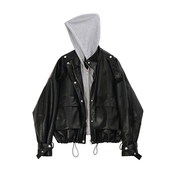 

new nova 2021 inverno mulheres jaqueta plutnio solto capuz do falso de couro feminino zper biker py4r, Black