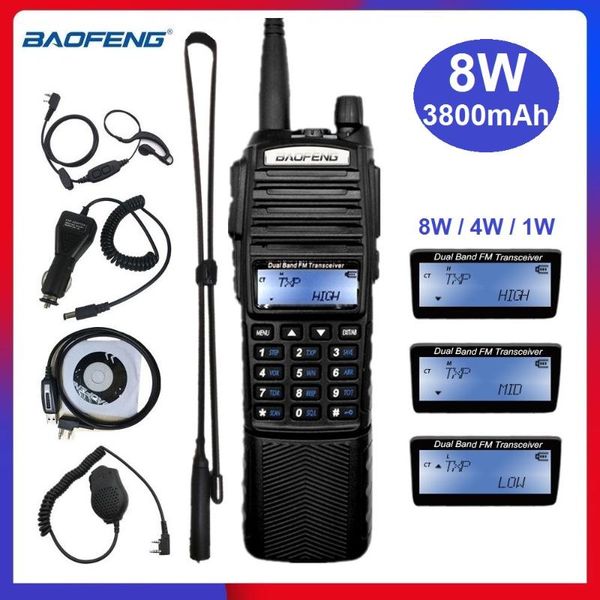

real 8w baofeng uv-82 walkie talkie for hunting 10km portable cb radio 3800mah vhf uhf ham transceiver radio uv-82 8wauv82