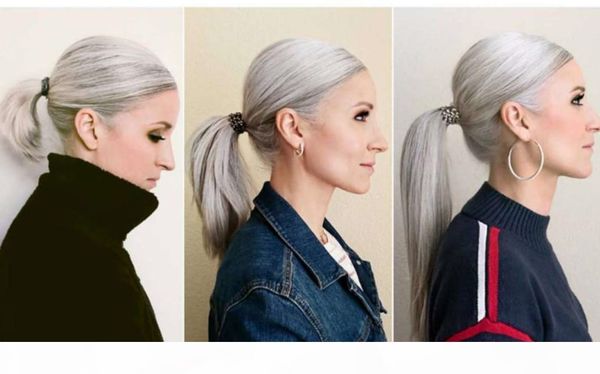

grey clip in ponytail human hair extensions grandma hairpiece wrap around real gray ponytail hair bun puff drawstring 120g, Black
