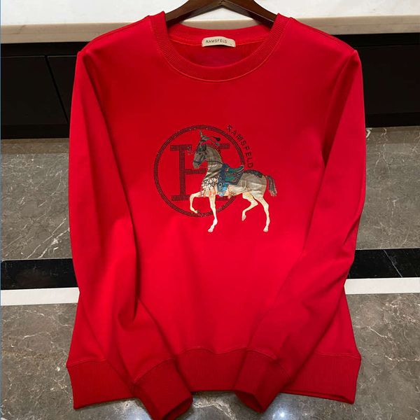 

fashion brand ins sweater autumn winter h horse 3d drill round neck plush men's red coat is handsome, Black