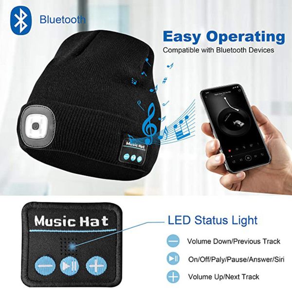 

winter beanie hat soft knitted wireless bluetooth 5.0 smart cap stereo headphone headset led light with opp bag good, Blue;gray