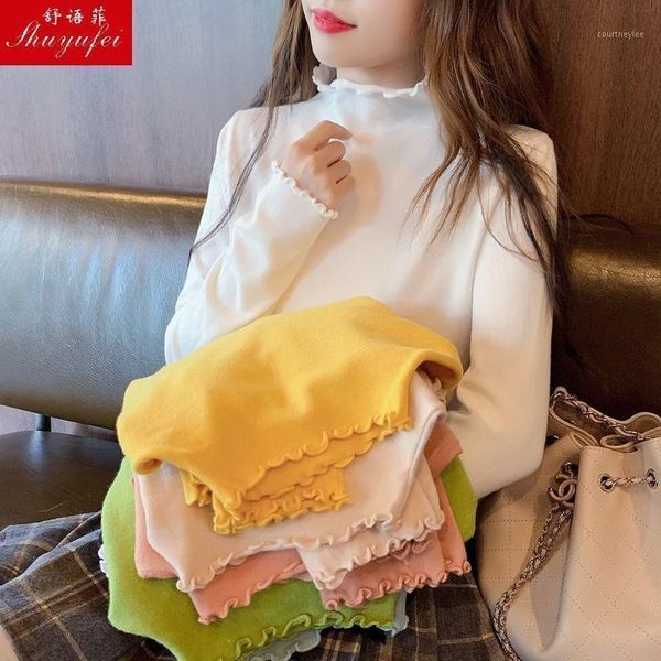 

thin / plush new spring and autumn wooden ear half high collar bottoming shirt long sleeve for women1, White;black